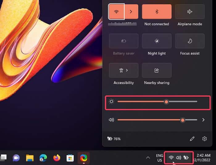 Use Windows Action Pane to access brightness slider