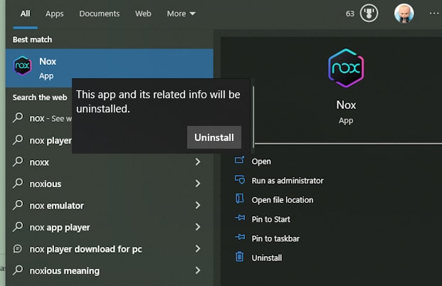uninstall Nox player