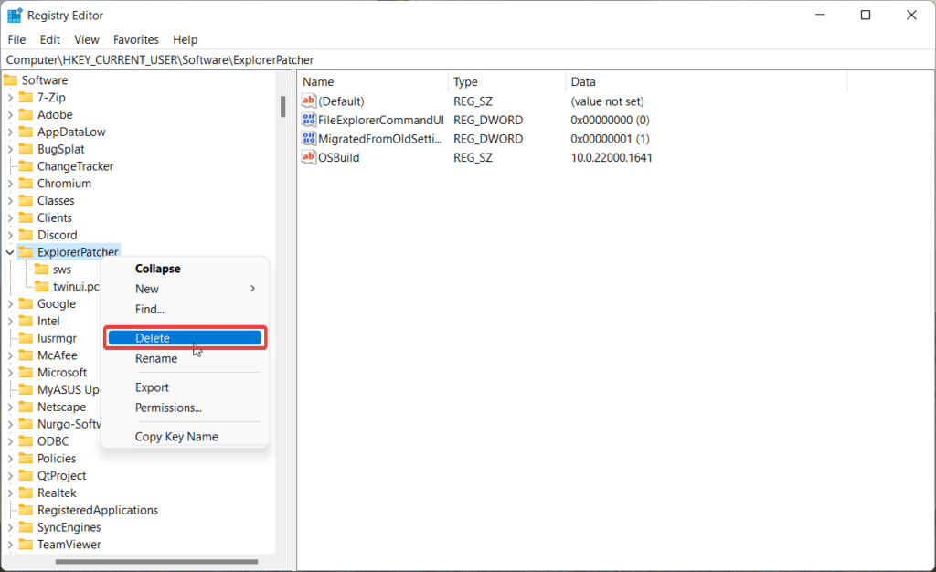 Delete ExplorerPatcher Registry